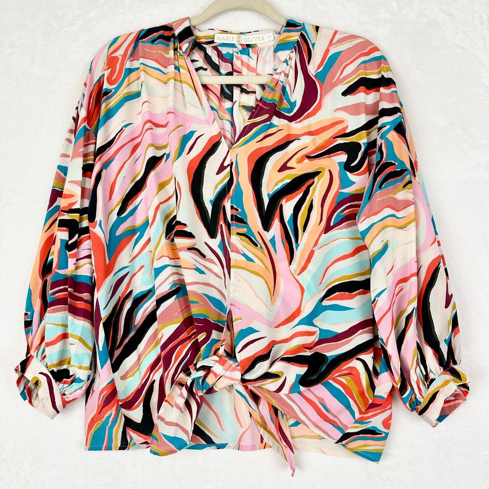 Marie Oliver Silk Abstract Top Size XS Multicolor Tie Front